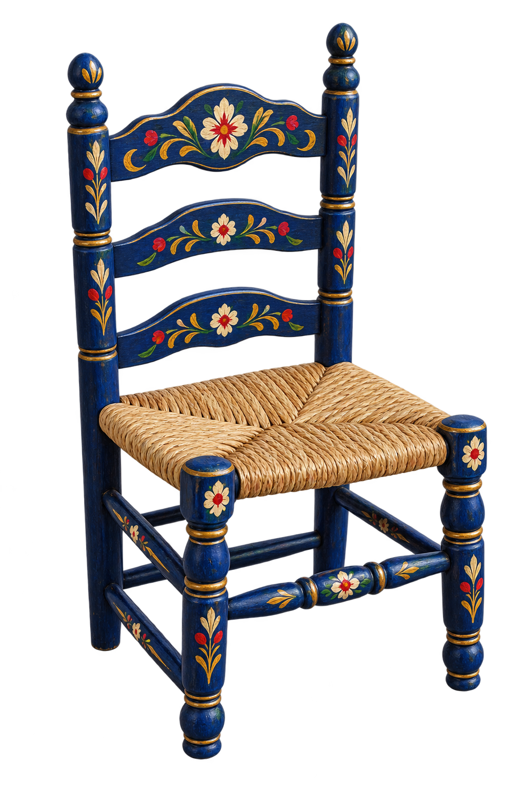 Silla flamenca azul con flores y asiento de esparto
